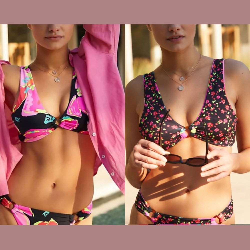 NWT‎ $79 Maaji [ Small ] Flory Talia Bralette Bikini Top Black Pink red